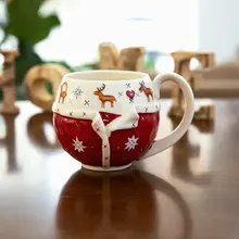 Creative Milu, Christmas Bone Porcelain Relief, Hand Painted Red Christmas Mug Coffee, Milk Teacup Cup