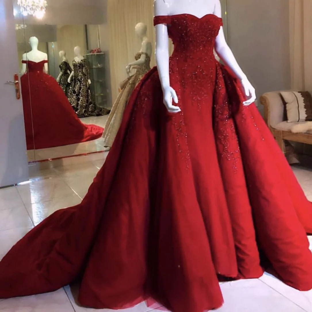 

Real Image Wine Red Lace Beaded Mermaid Evening Gowns 2019 With Detachable Train Vintage Long Prom Gowns Off The Shoulder