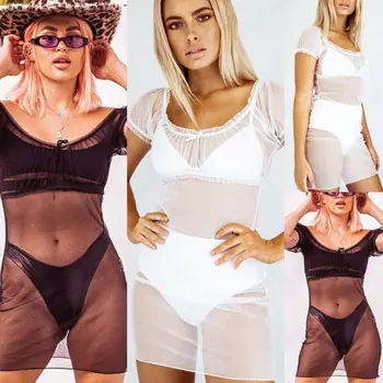 

Fashion Women Beachwear Swimwear Bikini Beach Wear Cover Up Skirt Ladies Summer Mesh See Through Off Shoulder Dress