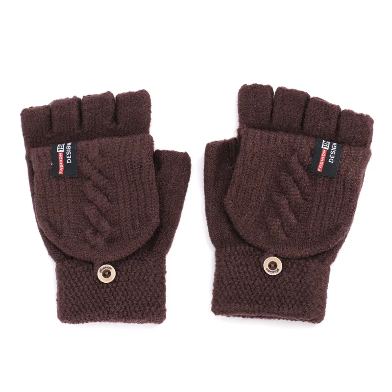 Новые зимние шерстяные вязаные перчатки для женщин и мужчин, на пуговицах, с открытыми пальцами, перчатки, теплые, вязаные крючком, вязаные варежки, перчатки с откидным верхом, мягкие - Цвет: Coffee