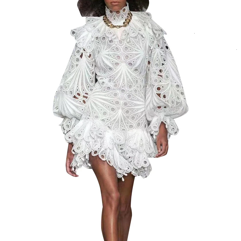 [LIVIVIO] выдалбливают Кружева гофрированные Мини платья для женщин водолазка фонарь с длинным рукавом винтажное платье для женщин осень Мода Новинка