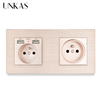 

UNKAS Gold Aluminum Metal Panel Wall Socket French Standard With Dual 2.1A 16A USB Charging Port+ 1 Gang French Socket