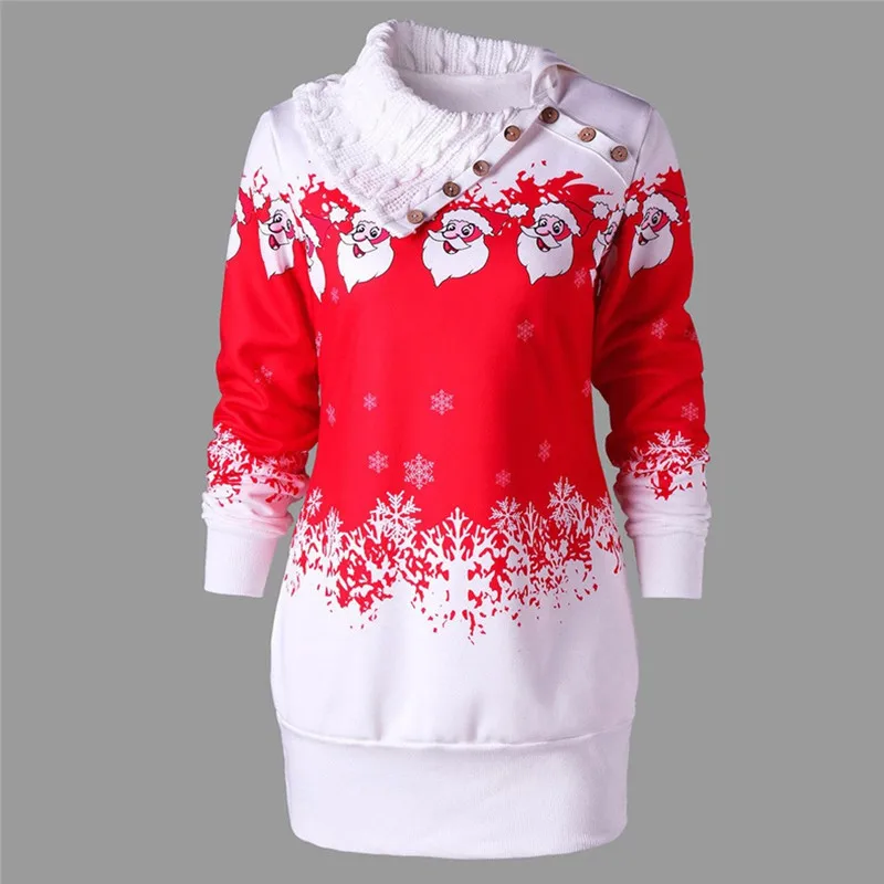 Sudadera Mujer, Женская Рождественская Толстовка, новая мода, Санта Клаус, снежинка, принт, пуговицы, туника, длинный свитер, зимние топы V26