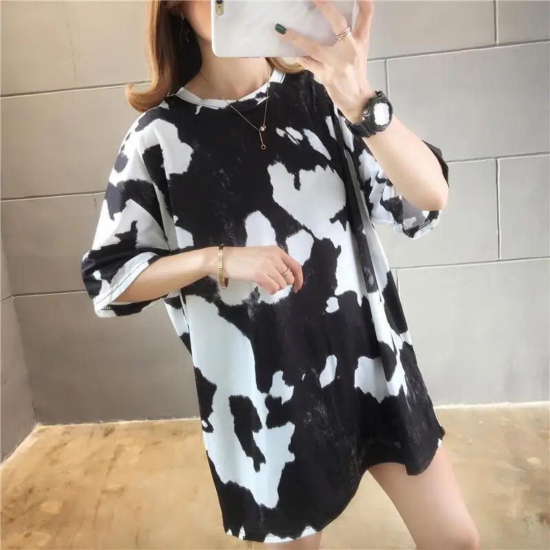 

Harajuku Women T-Shirts Summer Short Sleeve Hip Hop Streetwear Long Tops Tee Shirt Summer Cow Printed Women Oversize Tshirt