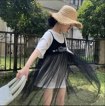 

2020 new girls 2 pcs patchwork set cotton dress+tulle dress fashion summer girls suit 4-10t F119