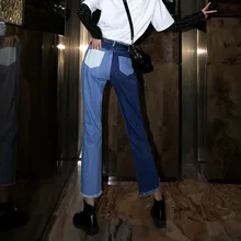 Прямые женские джинсы осень и зима новые корейские цветные контрастные сплайсинговые повседневные брюки с высокой талией длиной до щиколотки