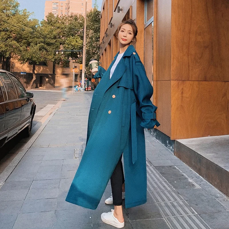 Double Breasted Long Windbreaker Women Loose Slit