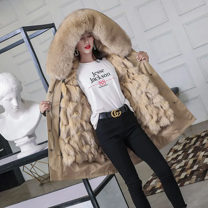 85cm Новинка, модное женское роскошное пальто с капюшоном и воротником из лисьего меха, теплая длинная парка с подкладкой из лисьего меха, Длинная зимняя куртка, высокое качество - Цвет: 85cm