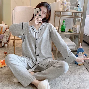 

Pure Cotton Confinement Clothing Cotton Postpartum Nursing wei nai yi Pregnant Women Large Size Pajamas Collarless Cotton Set Sw