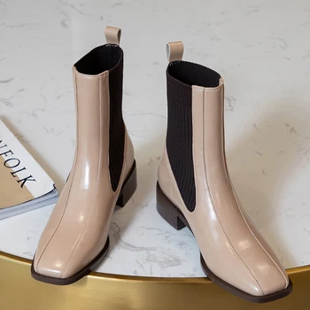 

Patent Leather Mid-calf Boots for Women Square Toe Low Heels Woman Shoes Slip-on Platform Ladies Short Boots Winter Shoes