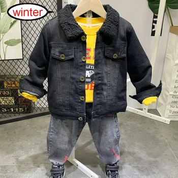 

winter Kids Boys childrens clothing sets Thicken jacket + plush Sweater + plush jeans 3Pieces Costume kids suits 2-6Yr boys set