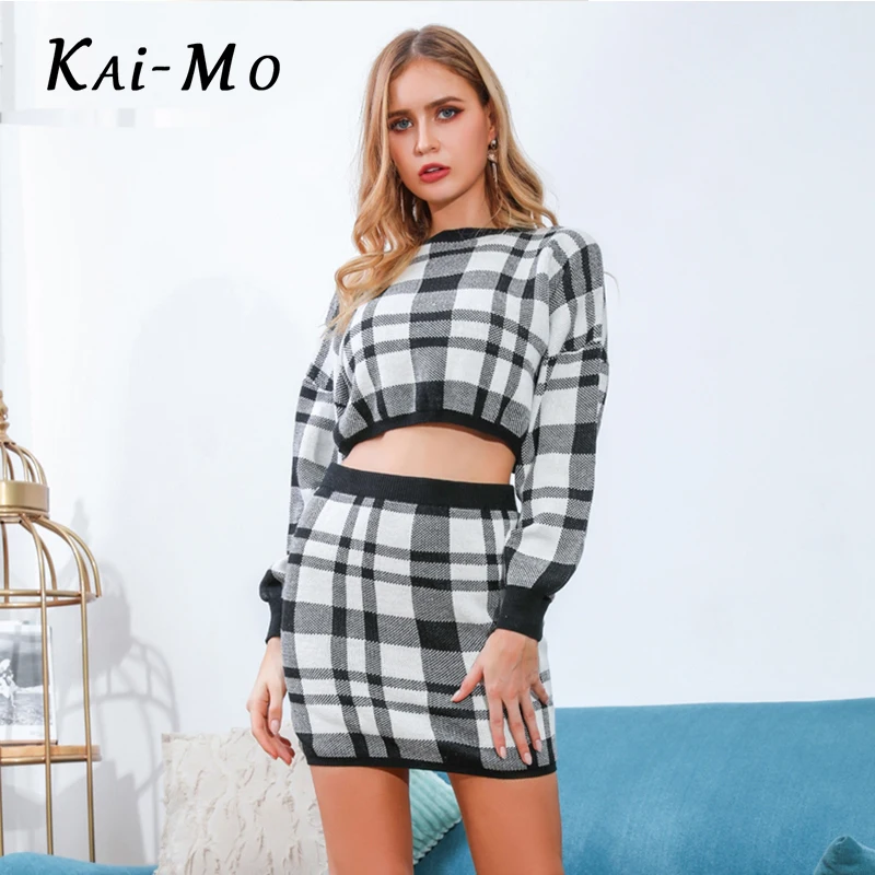 KAI-MO вязаный клетчатый костюм из двух частей сексуальное платье женское осеннее