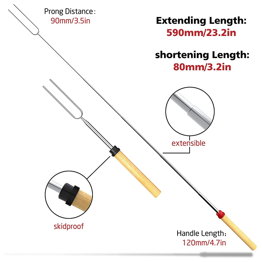 BBQ Skewers Stainless Steel Roasting Marshmallow Stick Set Extendable Dual Fork Outdoor BBQ for Household Kitchen BBQ Supplies
