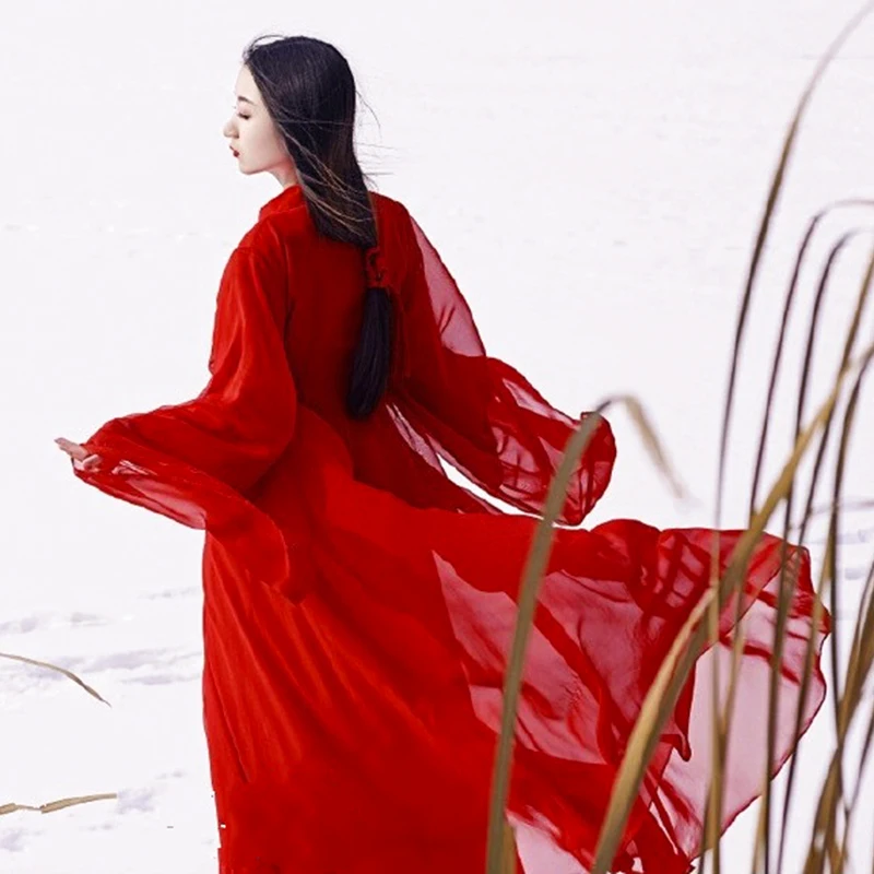 Красные женские платья в китайском стиле, длинное платье для косплея, древний костюм Хана, шифоновое элегантное однотонное Макси платье для сцены