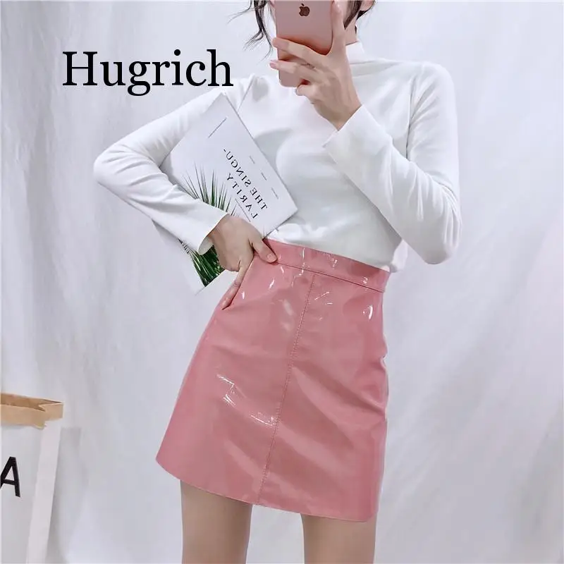 Black beige blue PU patent leather high street solid pencil mini empire short skirt