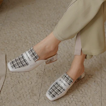 

Karinluna Wholesale Fashion Chunky Heels Genuine Leather Slipper Shoes Women Summer Mules Skin Pumps Woman