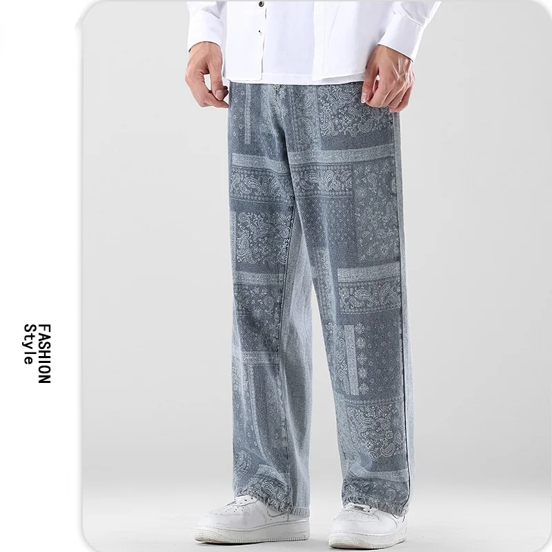 Vintage Men's Print Jeans New Autumn Loose Straight Wide Leg Pants Japanese Streetwear Hip Hop Jeans Harajuku Male Trousers 5XL 1