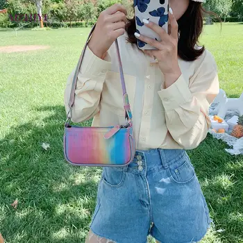 

Casual Women PU Leather Handbags Portable Rainbow Travel Zip Shoulder Totes Bag Outdoor Shopping Accessaries Supplies