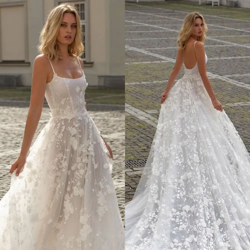 2020 Spaghetti Boho Trouwjurken 3D Lace Bloemen Applicaties Tulle Beach Robes De Mariee Backless Sexy Bridal Bruidsjurken 2020 Spaghetti Boho Trouwjurken 3D Lace Bloemen Applicaties Tulle Beach Robes De Mariee Backless Sexy Bridal Bruidsjurken