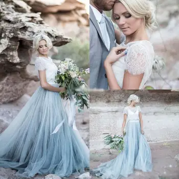 

abiye 2 Pieces Mesh Evening Gowns Sleeves Abito da sera Tulle Formal Dress Prom Gown Lace Dusty Blue 2020 robe de soiree