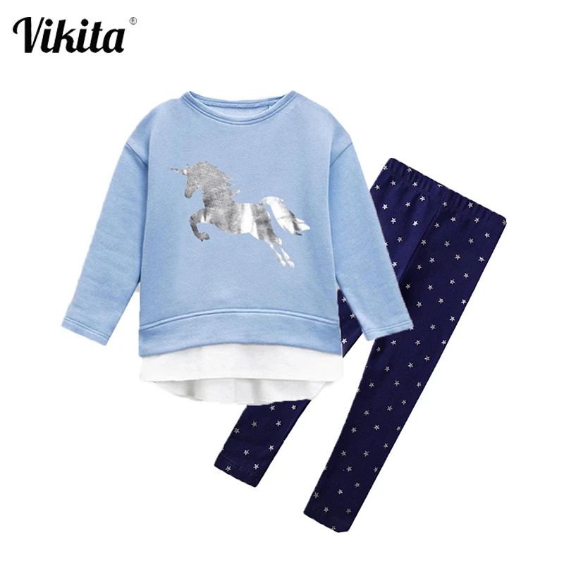 

VIKITA Kids Autumn Spring Unicorn Long Sleeve T Shirt and Skinny Elastic Trousers Pants Children Cotton Clothing Sets for Girl