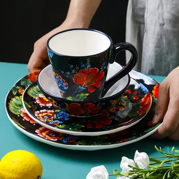 

Chinese Retro Ceramic Tableware Set Black Artificial Decals Glaze Color Process Fashion Fruit Salad Bowl Steak Pasta Plate Cup