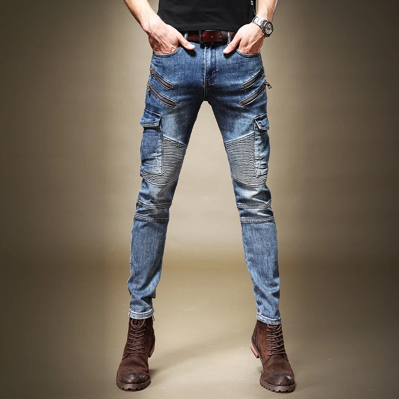 

Free shipping new fashion male men's Spring jeans casual trousers zipper stitching pants metal wind retro motorcycle overalls