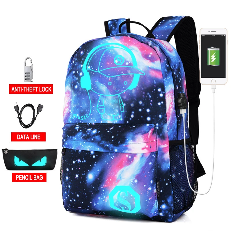 Для мужчин рюкзак для мальчиков Mochila Feminina аниме светящийся USB зарядка Ноутбук