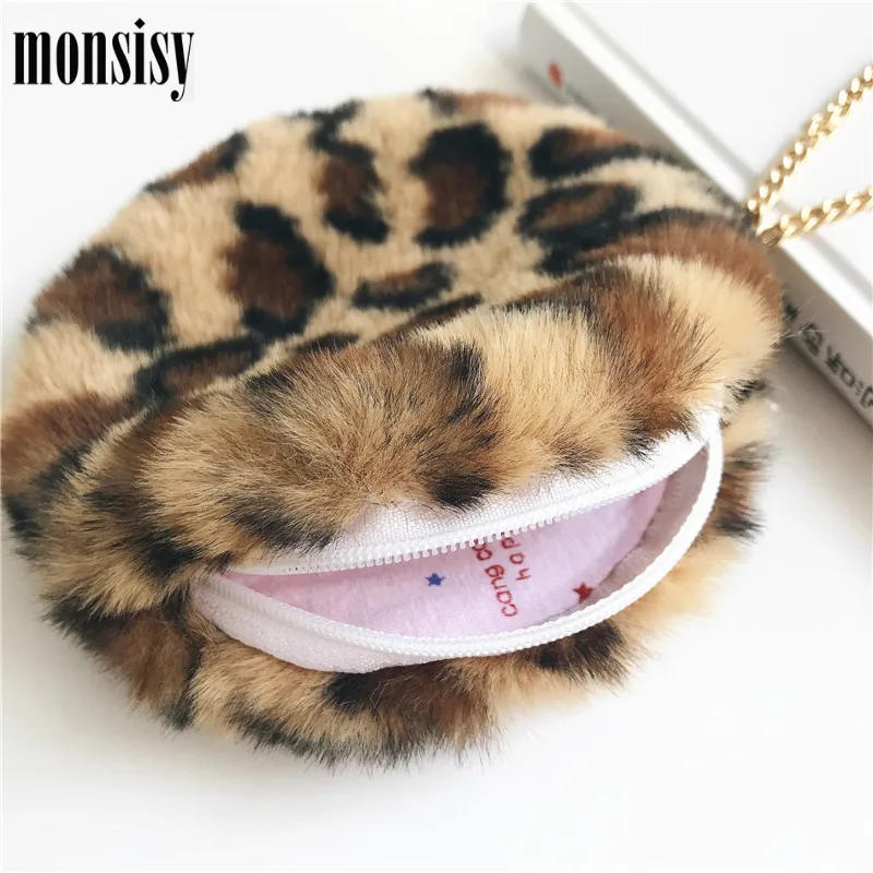 Monsisy, искусственный кошелек с мехом, Женский кошелек для монет, маленький кошелек для девушек, кошелек для монет, зимняя леопардовая монетница на молнии, круглые женские кошельки