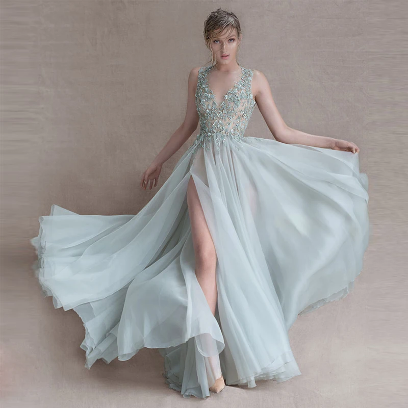 

2015 Glamorous Sexy A Line Beaded Appliqued High Side Slit Floor Length Evening Dresses Mint Green Prom Gown Vestido Festa SBS34