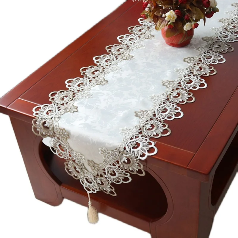 French Simplicity Lace Trim Fabric Table Runner Mat Piano Refrigerator Meal Desk Cover Cloth Study Room Living Party Decoration