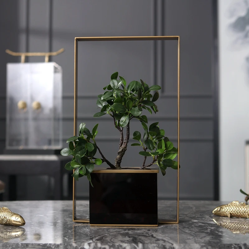 US $268.85 Golde Metal Rectangular Acrylic Vase Decor Home Hotel Clubhouse Simulation Banyan Plant Potted Soft Decor Art Crafts Flower Pots