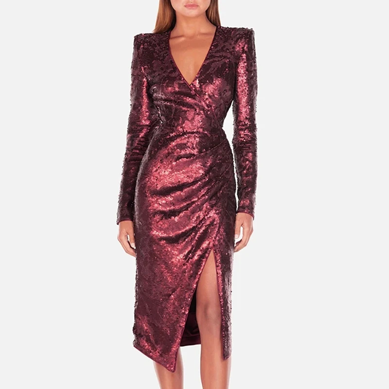 INDRESSME, новинка, модное женское сексуальное платье, v-образный вырез, с блестками, длинный рукав, Драпированное, облегающее, асимметричное, вечерние, Клубное платье