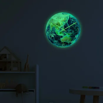

Luminous Wall Clock Mute Sweep Luminous Earth Clock Wall Clocks Glow In The Dark Wall Stickers for Kid Bedroom Decor Planets Glo