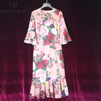 

Qian Han Zi newest Designer summer dress Women's Trumpet Sleeve Floral Print Vintage Ruffled Mermaid Midi Dress