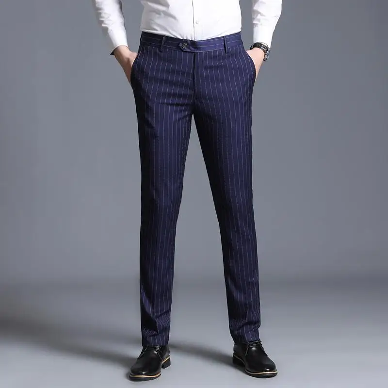 Мужские брюки для свадьбы, одноцветные облегающие мужские брюки, деловые повседневные облегающие брюки, мужские брюки - Цвет: Blue Striped Pants