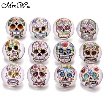 

10pcs/lot Skull Snap Buttons Jewelry Punk Ginger Glass 18mm Snap Button Fit DIY Snap Bracelet Glass Charms Jewelry