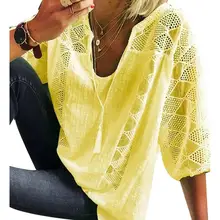 

40%HOT Women Casual Blouse Top U Neck 3/4 Sleeve Hollow out Lace Drawstring T-shirt