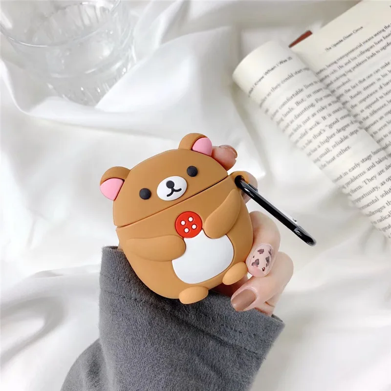 3D Case for AirPods Cute Silicone Cover Bluetooth Earphone Protective Case for Airpods 2 with Finger Ring Cartoon Rilakkuma