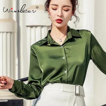 

New 2020 Satin Blouse Women Spring Avocado Green Solid Shirt Turn-down Collar Long Sleeve Casual Tops T02102Y