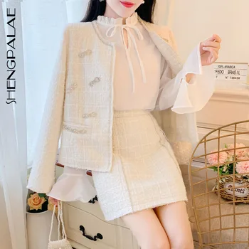 

SHENGPALAE 2020 Women's Autumn New Elegant Round Neck Diamond-studded Woolen Coat + High Waist Skirt Two-piece Sets ZT1154