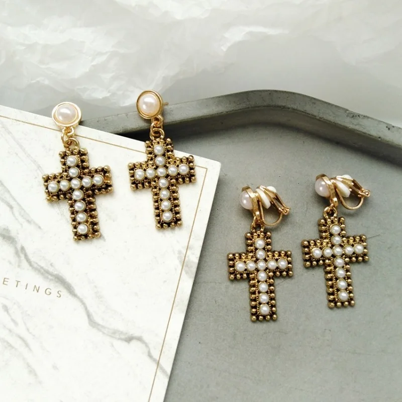 

European American Creative Cross Ear Clip Jewelry Fashion Personality Women Girl's Accessories Imitation Pearl Dangle Earrings