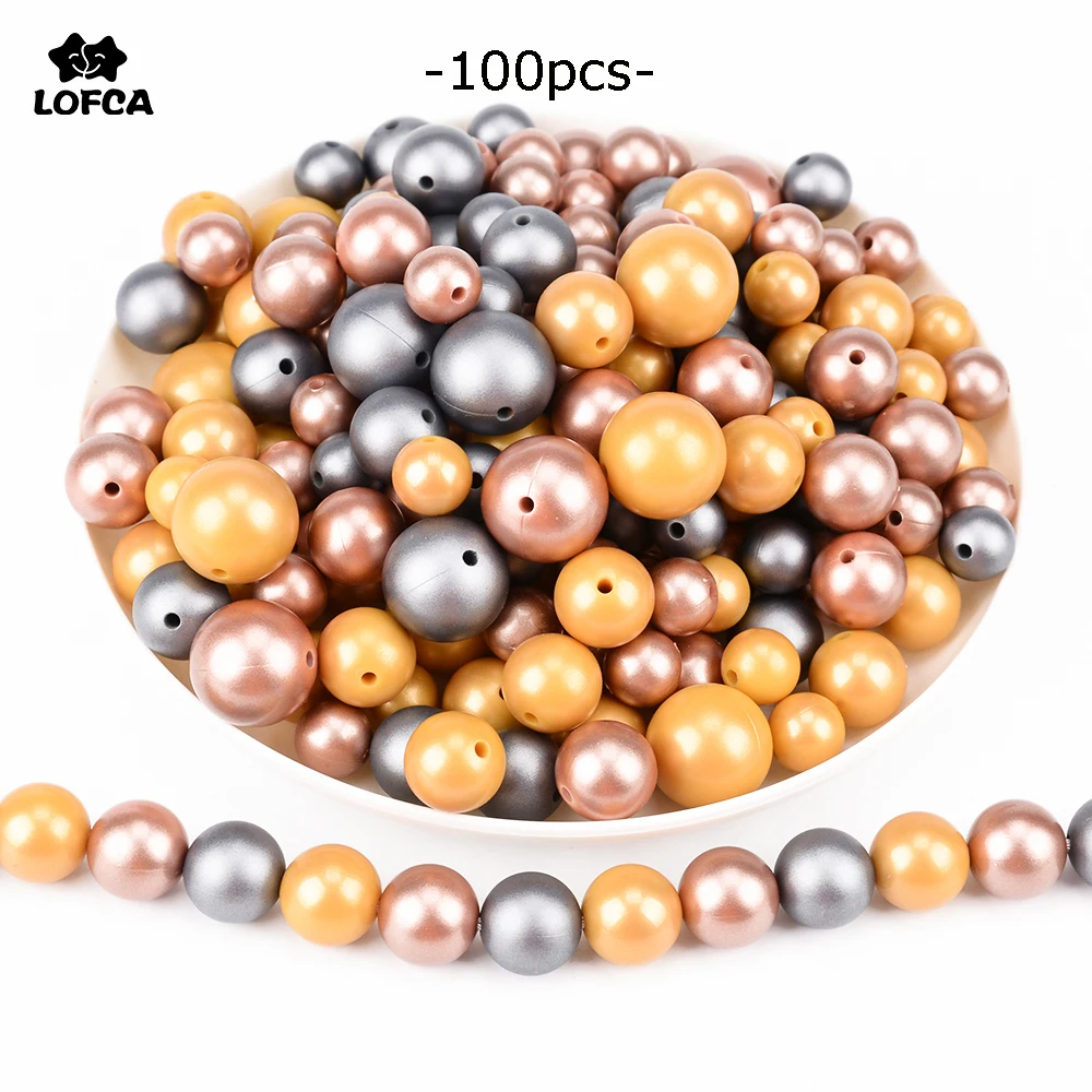 

LOFCA 100PCS Silicone Beads Metallic Silver/Glod/Copper 12mm/15mm/19mm Print Teething Round Colorful DIY For Infant Baby Teether
