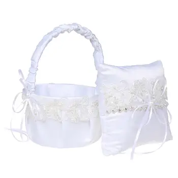 

2019 Wedding Girl Flower Basket Ring Pillow White Lace Elegant Ring Holder for Bride Groom Keepsake Gifts