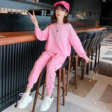 Ensemble deux pièces de sport pour enfants, tenue à carreaux, manches longues, mode printemps automne, pour adolescentes, 12 ans 