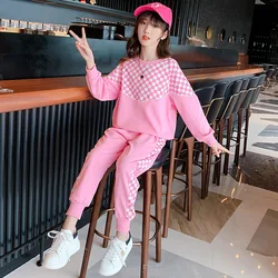 Ensemble deux pièces de sport pour enfants, tenue à carreaux, manches longues, mode printemps automne, pour adolescentes, 12 ans 