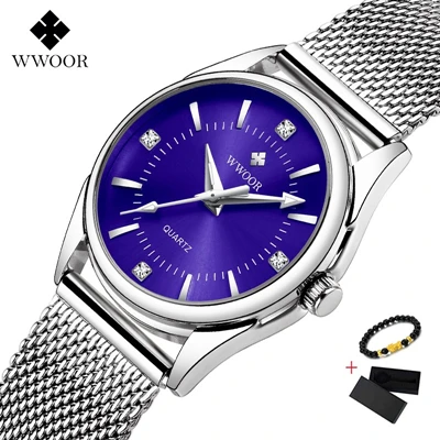Blue Reloj mujer WWOOR женский раскошный ремешок для часов Брендовые женские часы под платье стальной сетчатый ремешок повседневные часы из розового золота кварцевые наручные часы - Цвет: Blue
