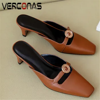 

VERCONAS Woman Pumps 2020 Woman Sandals New Arrival Summer Genuine Leather Metal Decoration Square Toe Square Heels Shoes Woman