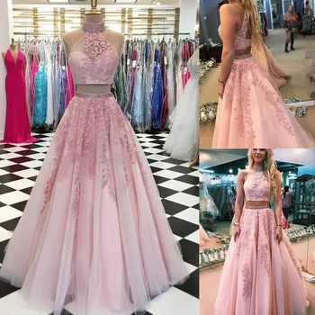 

High Neck Sleeveless Ball Gown Tulle Lace Appliques Pink Two Piece Prom Dress Sexy Open Back Long Junior Prom Party Dresses