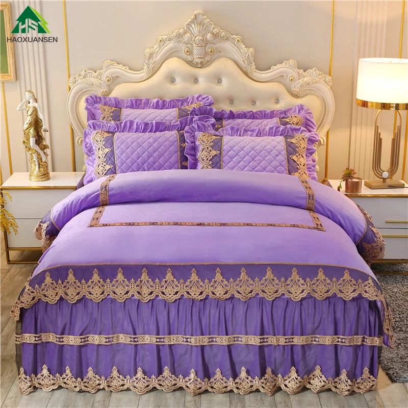 

Фиолетовая ткань, волшебный бархат, искусственная кожа, Сексуальная кружевная утолщенная кровать, юбка, наволочка, пододеяльник, стиль принцессы, теплый зимний